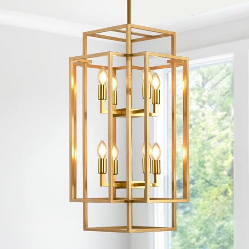 WJS Home 31.5" Gold Chandelier, 8-Light Industrial Lantern Tiered Pendant Light